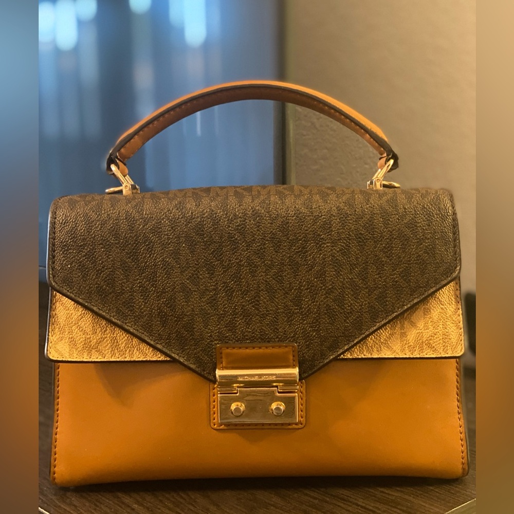 Michael Kors Brown and Black Satchel with Geometric Shape